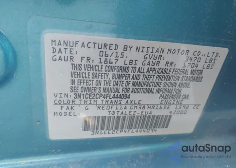 2015 Nissan Versa Note Sl z USA, uszkodzony, nr VIN 3N1CE2CP4FL444094